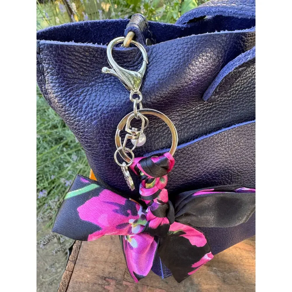 Satin Black Pink Floral Print Bow Bag Charm Floral Purse Charm